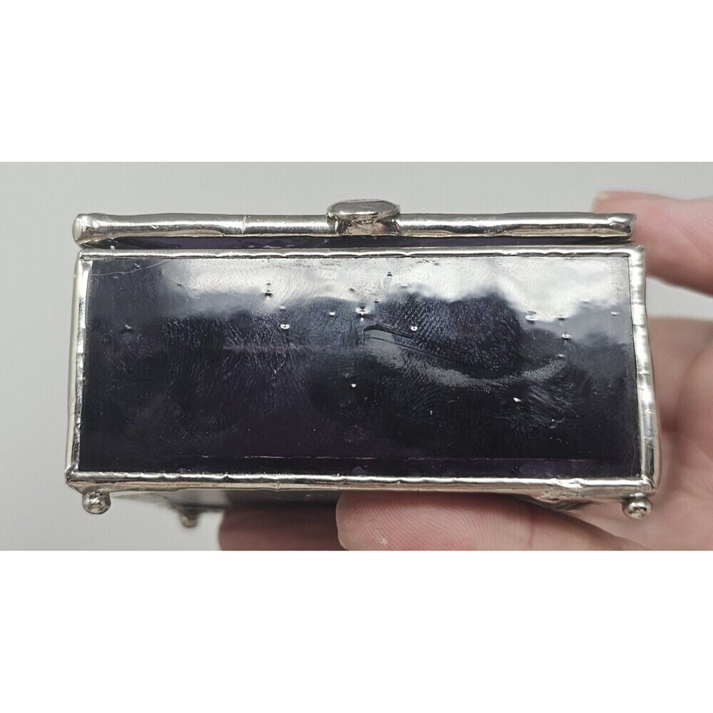 Butterfly Stained Glass Trinket Box Mirror Base Chain Hinged Lid Multicolor 3x3" - Picture 10 of 12